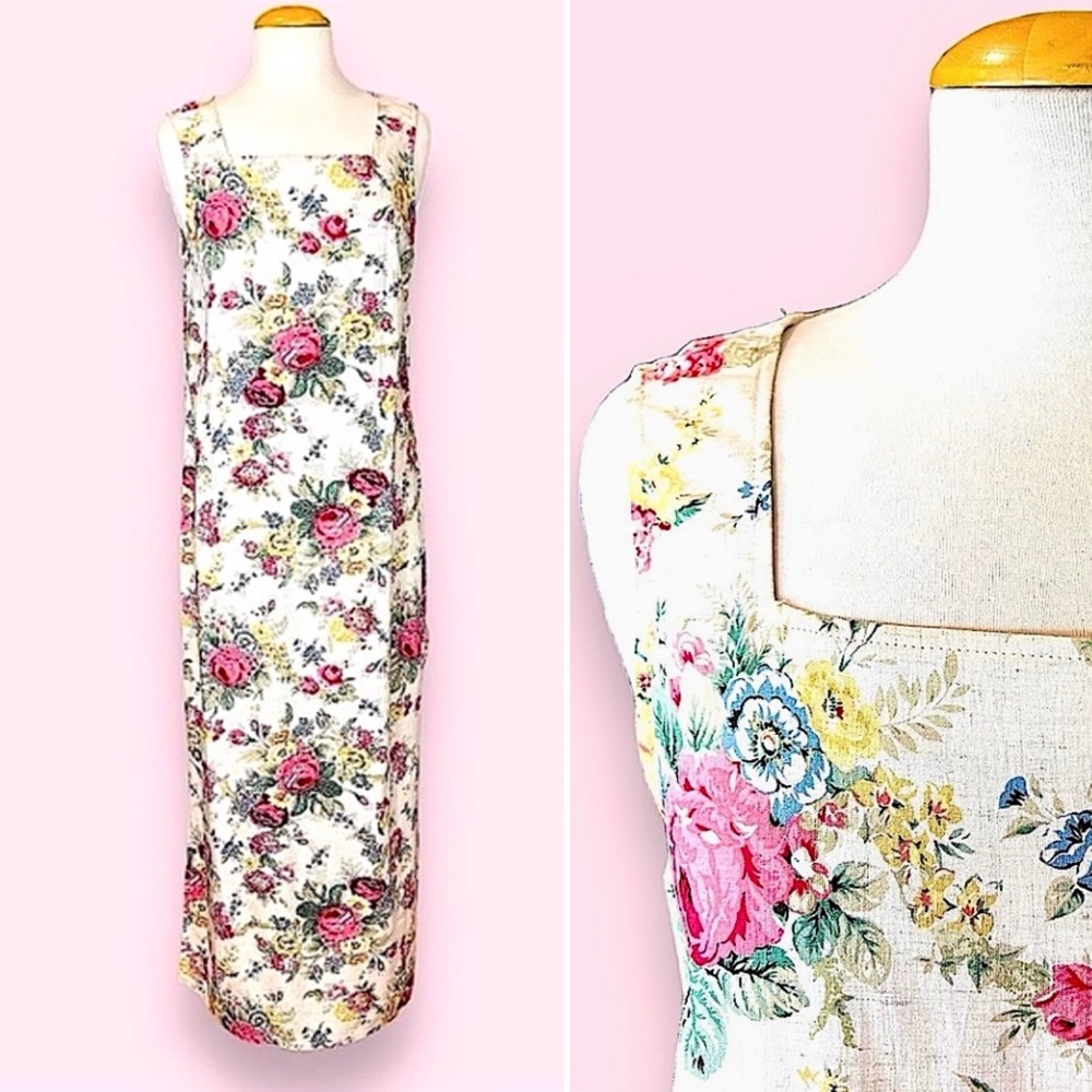 Vintage 90s Floral Linen Maxi Dress 10 Sleeveless Slim Square Neck Shift Long